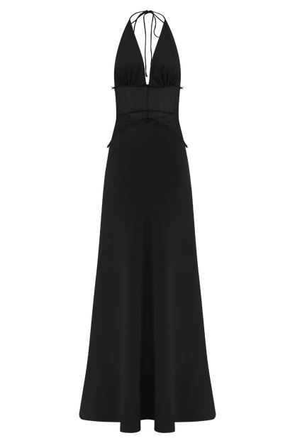 Elora | Halter Galajurk Dames | Satijnlook Zwarte Avondjurk | Kant & Open Rug | Diepe V‑Hals | Sexy & Elegant