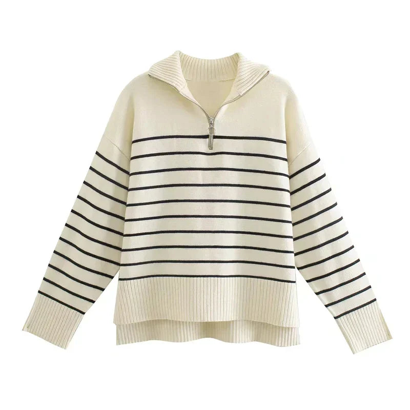 Isabelle™ | Vintage Chiqeu Knit Half Zip Trui met Klassieke Strepen