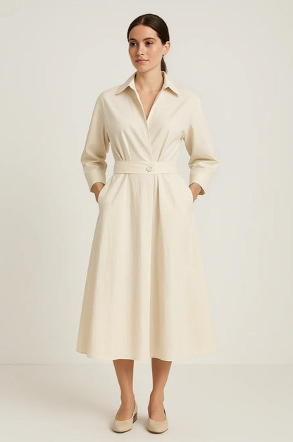 Margot | Katoenen Hemdjapon Dames | Midi Jurk met Tailleceintuur | Driekwartmouwen & Zakken | Casual Chic