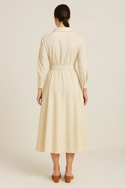Margot | Katoenen Hemdjapon Dames | Midi Jurk met Tailleceintuur | Driekwartmouwen & Zakken | Casual Chic