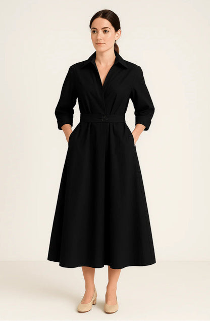 Margot | Katoenen Hemdjapon Dames | Midi Jurk met Tailleceintuur | Driekwartmouwen & Zakken | Casual Chic