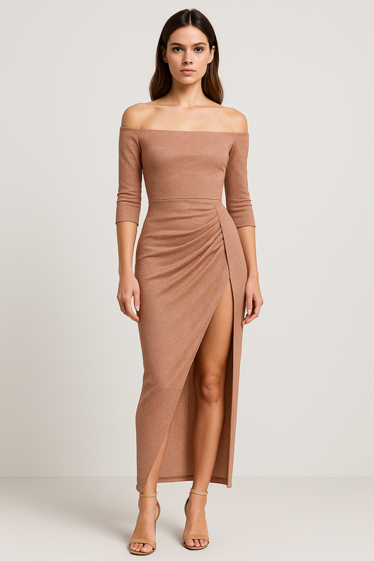 Vespera™ | Dames Off Shoulder Midi Jurk met Split | Elegante Gerimpelde Cocktailjurk voor Avond en Feest