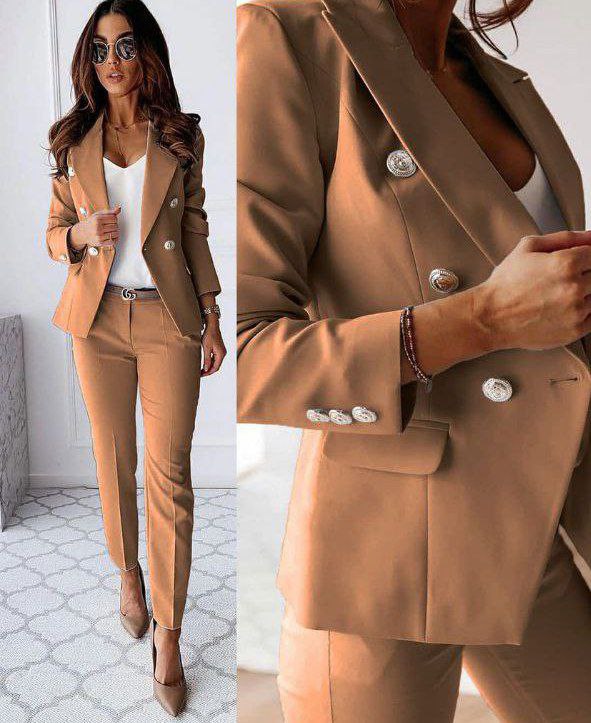 Valéris™ | Tweedelig Dameskostuum met Goudkleurige Knopen | Elegant Blazerpak met Getailleerde Blazer en Slim Fit Pantalon voor Werk of Gelegenheid