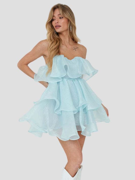 Solenne™ | Dames Strapless Gelaagde Mini Jurk | Luchtige Bandeau Zomerjurk in Pastelgeel