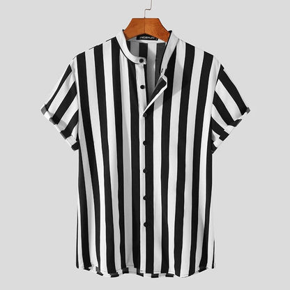 Elías™ | Heren Gestreept Zomer Overhemd Met Mao-Kraag En Korte Mouwen | Luchtig Casual Shirt Voor Vakantie En Terras