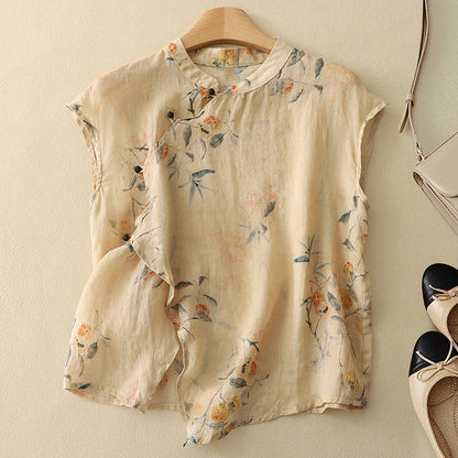 Ayana | Linnen Top Dames | Luchtige Zomer Top | Mouwloos | Bohemian Bloemenprint | Losvallend | Asymmetrische Zoom