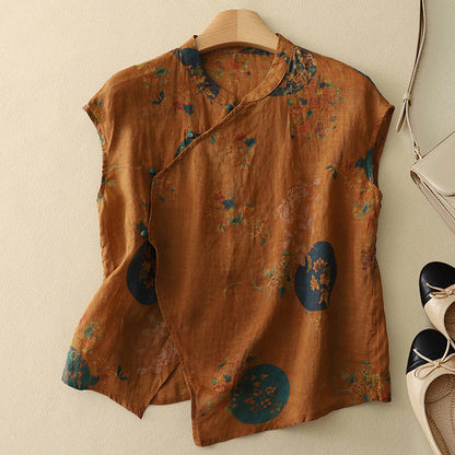 Ayana | Linnen Top Dames | Luchtige Zomer Top | Mouwloos | Bohemian Bloemenprint | Losvallend | Asymmetrische Zoom