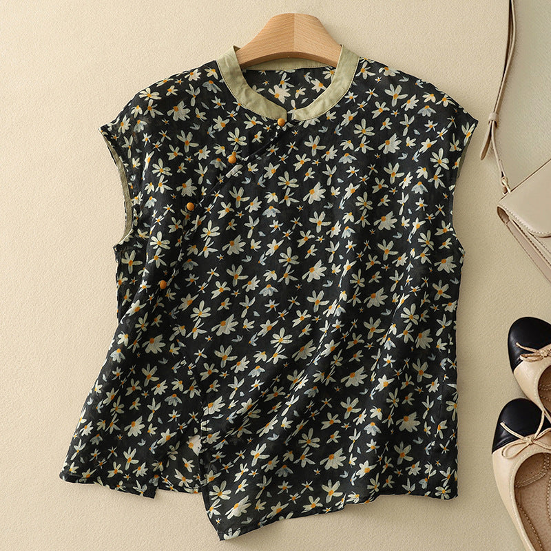 Ayana | Linnen Top Dames | Luchtige Zomer Top | Mouwloos | Bohemian Bloemenprint | Losvallend | Asymmetrische Zoom