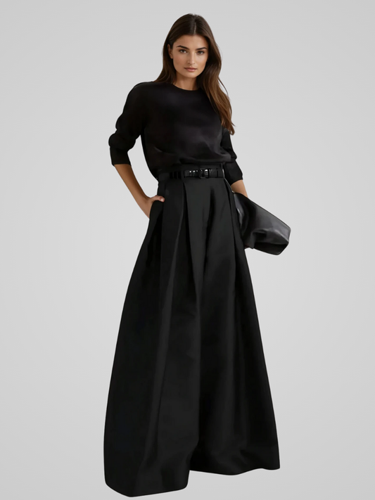 Elowise™ | Dames Elegante Maxi Rok met Hoge Taille | Volumineuze A-Lijn Rok met Plooien en Riem