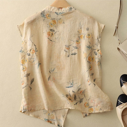Ayana | Linnen Top Dames | Luchtige Zomer Top | Mouwloos | Bohemian Bloemenprint | Losvallend | Asymmetrische Zoom