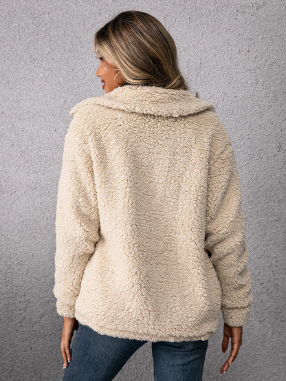 Maya™ | Neutrale Plush Cardigan met Enkele Knoop en Zakken voor Comfort en Stijl