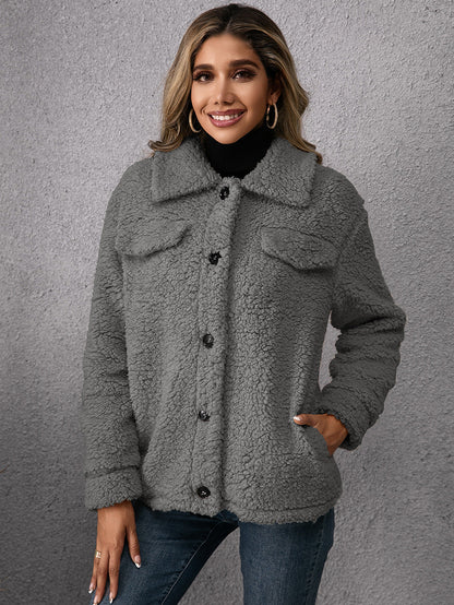 Maya™ | Neutrale Plush Cardigan met Enkele Knoop en Zakken voor Comfort en Stijl