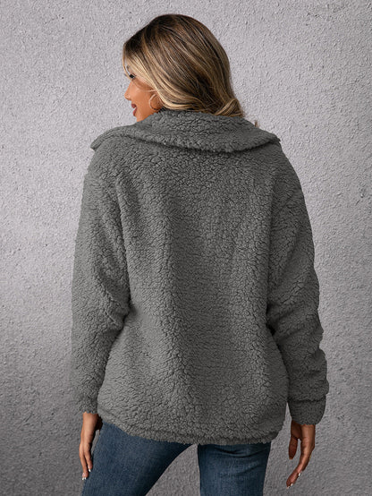 Maya™ | Neutrale Plush Cardigan met Enkele Knoop en Zakken voor Comfort en Stijl