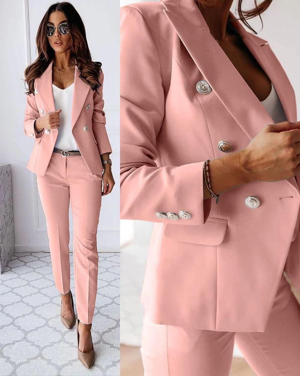 Valéris™ | Tweedelig Dameskostuum met Goudkleurige Knopen | Elegant Blazerpak met Getailleerde Blazer en Slim Fit Pantalon voor Werk of Gelegenheid