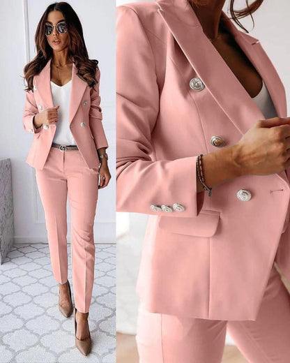 Valéris™ | Tweedelig Dameskostuum met Goudkleurige Knopen | Elegant Blazerpak met Getailleerde Blazer en Slim Fit Pantalon voor Werk of Gelegenheid
