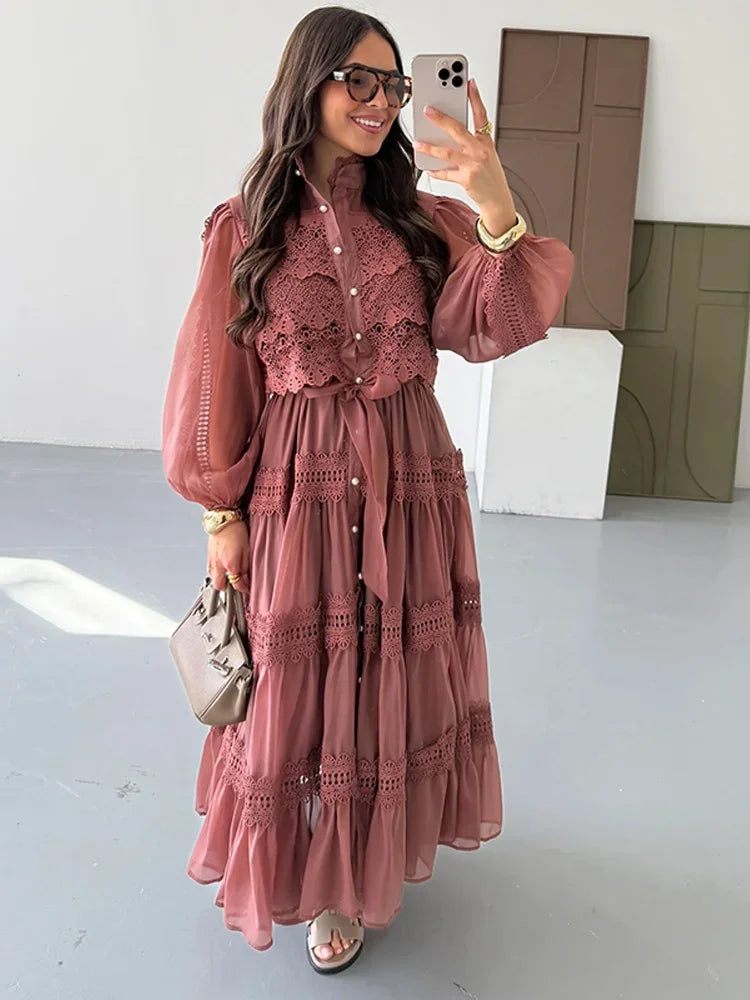 Aurora | Romantische Maxi-Jurk Dames | Chiffon Zomerjurk | Lange Ballonmouwen | Kantdetails | Zwierig & Elegant