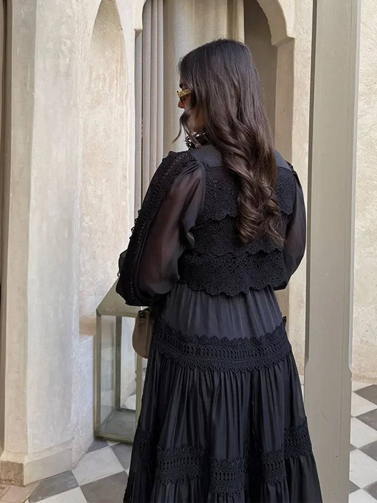 Aurora | Romantische Maxi-Jurk Dames | Chiffon Zomerjurk | Lange Ballonmouwen | Kantdetails | Zwierig & Elegant
