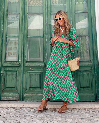 Vivara | Boho Maxi Jurk met Grafische Print en Luchtige V-Hals
