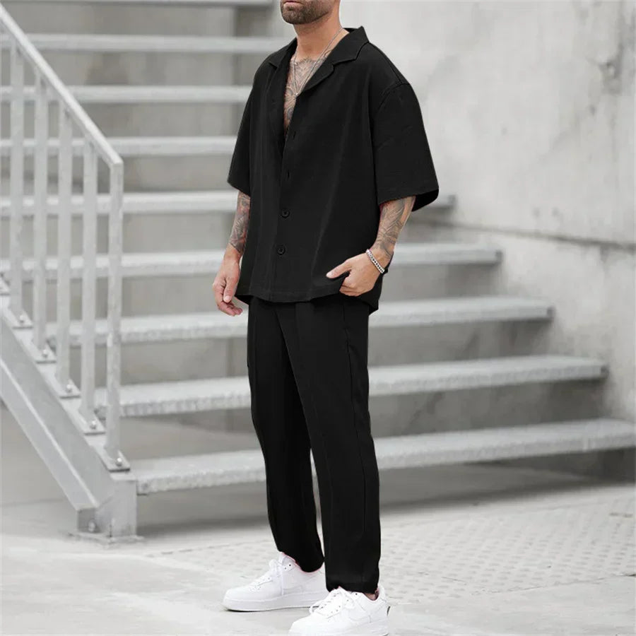 Eliano™ | Heren Lounge Set 2-Delig met Knoopshirt en Wijde Broek | Zomers Casual Zomerpak in Minimalistische Stijl