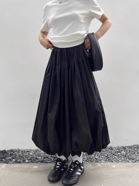 Mireko™ | Zwarte Ballonrok Dames | Volumineuze Midi Rok met Elastische Tailleband in Minimalistische Urban Stijl
