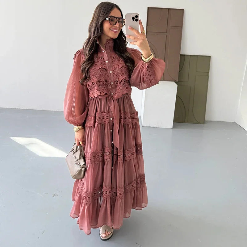 Aurora | Romantische Maxi-Jurk Dames | Chiffon Zomerjurk | Lange Ballonmouwen | Kantdetails | Zwierig & Elegant