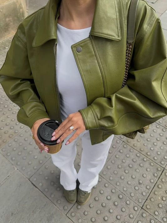 Marisse™ | Dames Groen Leren Oversized Bomberjas | Overgangsjack met Drukknopen