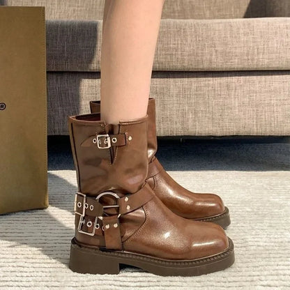 Ravella™ | Dames Biker Boots met Chunky Zool en Gespen | Stoere Leren Laarzen