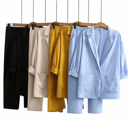 Calista™ | Dames Linnen Zomerpak | Tweedelige Casual Set met Relaxte Blazer en Elastische Rechte Broek