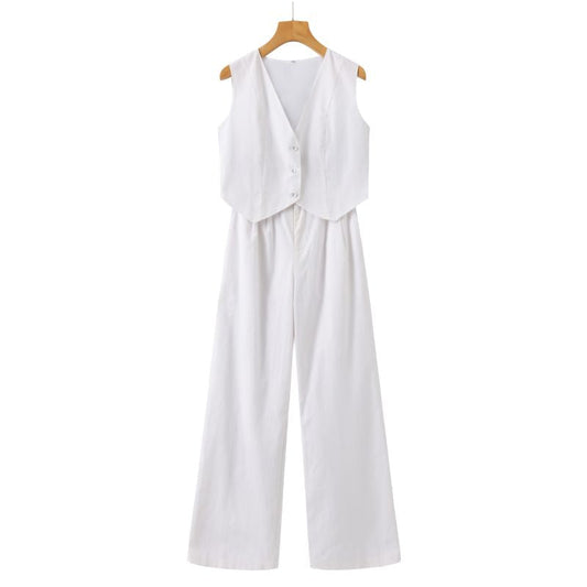 Elora™ | Dames Tweedelig Linnen Pak met Wijde Broek en Gilet | Casual Chic Co-Ord Zomerset