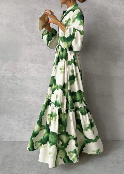 Solène™ | Bohemian Tie-Dye Maxi Jurk met V-Hals, Ballonmouwen en Gelaagde Rok