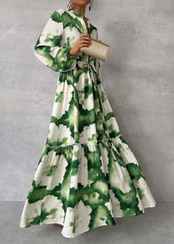 Solène™ | Bohemian Tie-Dye Maxi Jurk met V-Hals, Ballonmouwen en Gelaagde Rok