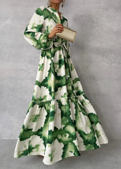Solène™ | Bohemian Tie-Dye Maxi Jurk met V-Hals, Ballonmouwen en Gelaagde Rok