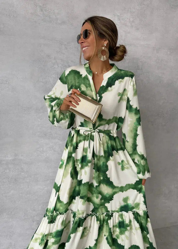 Solène™ | Bohemian Tie-Dye Maxi Jurk met V-Hals, Ballonmouwen en Gelaagde Rok