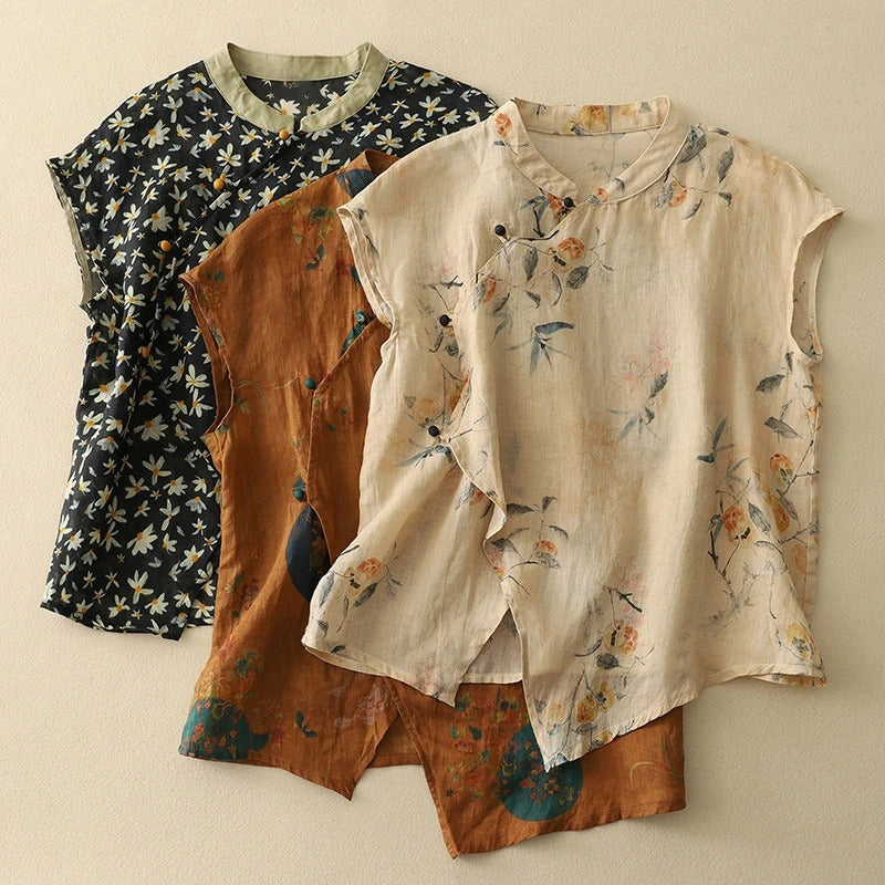 Ayana | Linnen Top Dames | Luchtige Zomer Top | Mouwloos | Bohemian Bloemenprint | Losvallend | Asymmetrische Zoom