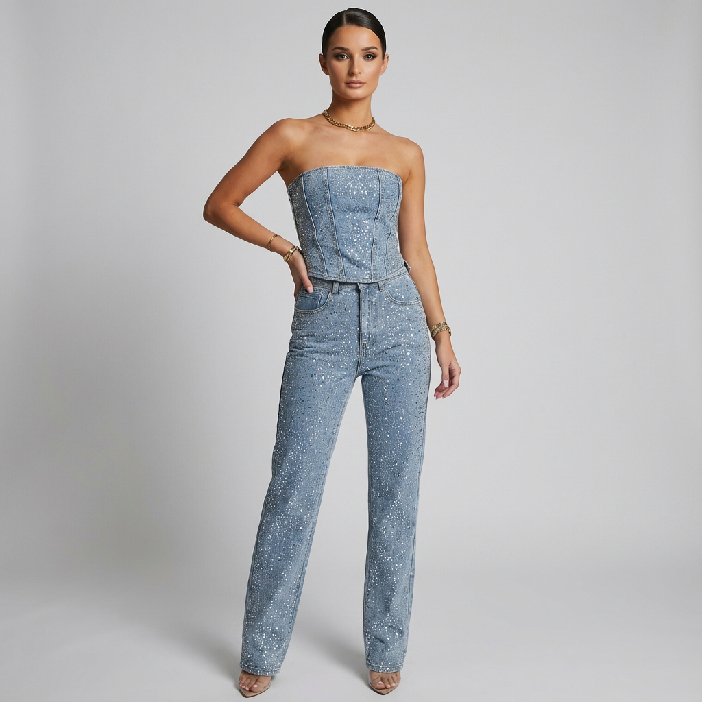 Nyxelle | Tweedelige Glitter Denim Set