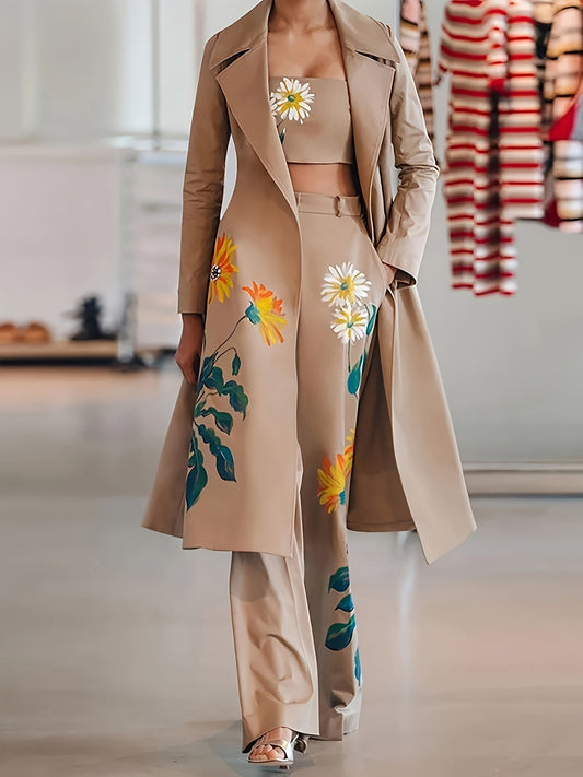 Floriviera™ | Elegante 3-Delige Damesoutfit Met Bloemenprint, Trenchcoat, Pantalon En Bandeautop