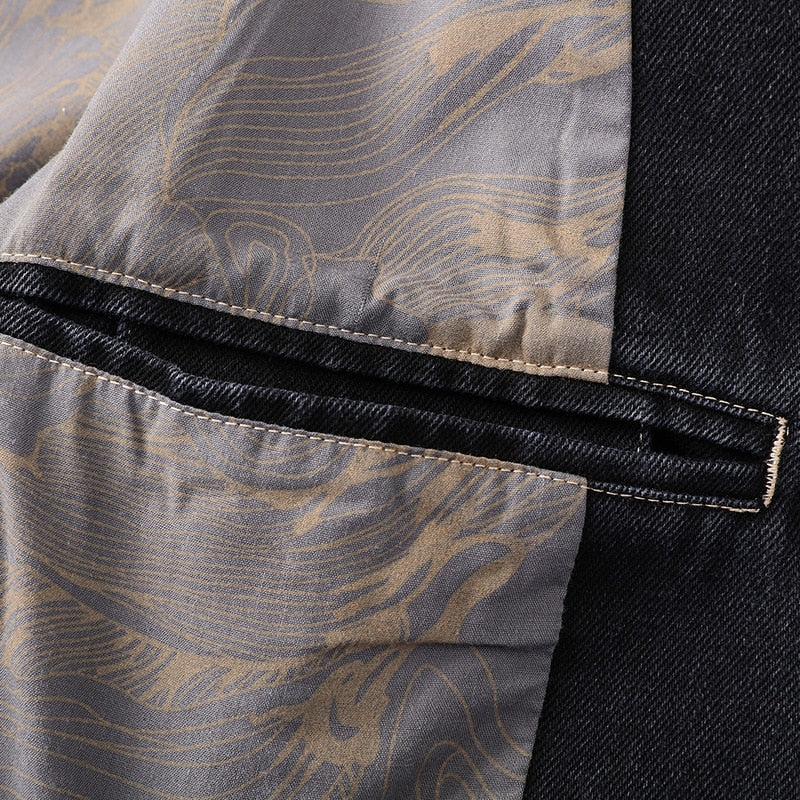 Damian™ | Heren Denim Blazer Met Dubbele Knoopsluiting En Printvoering | Casual Colbert In Gewassen Zwart Met Retro Details
