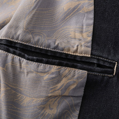 Damian™ | Heren Denim Blazer Met Dubbele Knoopsluiting En Printvoering | Casual Colbert In Gewassen Zwart Met Retro Details