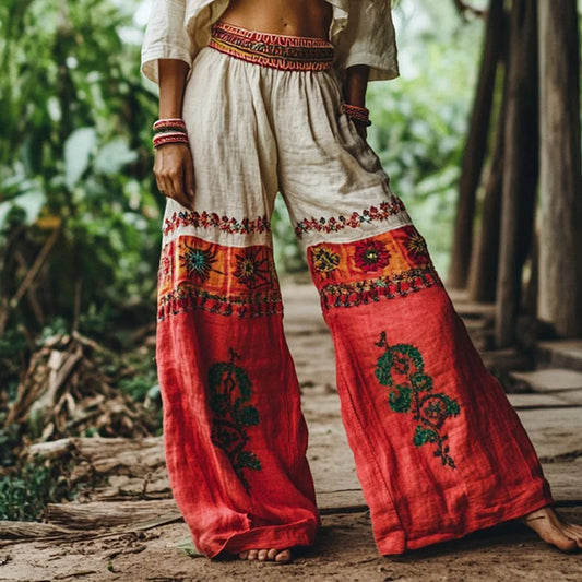 Solena™ | Boho Linnen Broek met Wijde Pijpen en Borduursel | Luchtige Zomerbroek met Spiritueel of Florale Print