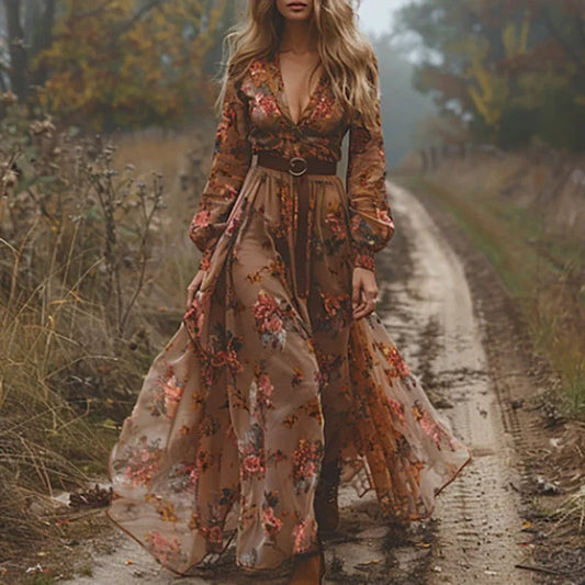 Soraya™ | Bohemian Maxi Jurk met Borduursel, Transparante Mouwen en Vintage Riem | Romantische Herfstjurk in Aardetinten