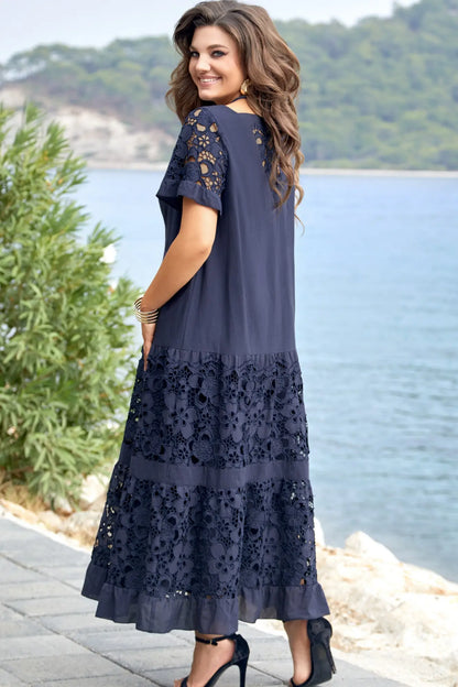 Marelle | Maxi-Jurk Dames | Marineblauw | Luchtige Zomerjurk | Korte Mouwen | Kanten Bloemen Details | Elegant & Casual