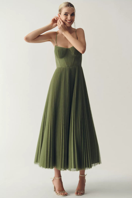 Vivianne™ | Dames Groene Plissé Midi Jurk met Spaghettibandjes | Elegante Zomerjurk met Corsetdetail voor Bruiloft en Gala