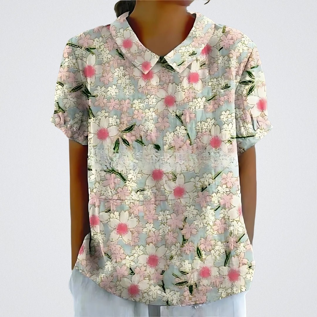 Flora | Bloemen Blouse Dames | Korte Mouwen | Luchtige Ademend Stof | Vrouwelijke V-Hals | Zomer Casual Top
