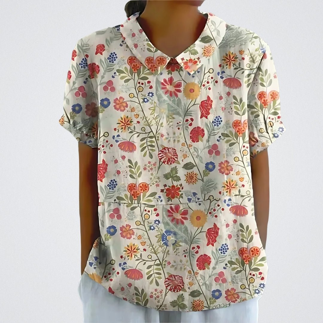 Flora | Bloemen Blouse Dames | Korte Mouwen | Luchtige Ademend Stof | Vrouwelijke V-Hals | Zomer Casual Top