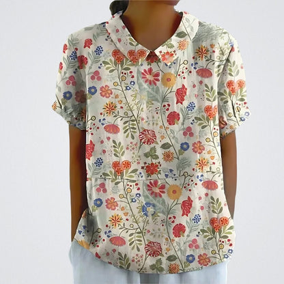 Flora | Bloemen Blouse Dames | Korte Mouwen | Luchtige Ademend Stof | Vrouwelijke V-Hals | Zomer Casual Top