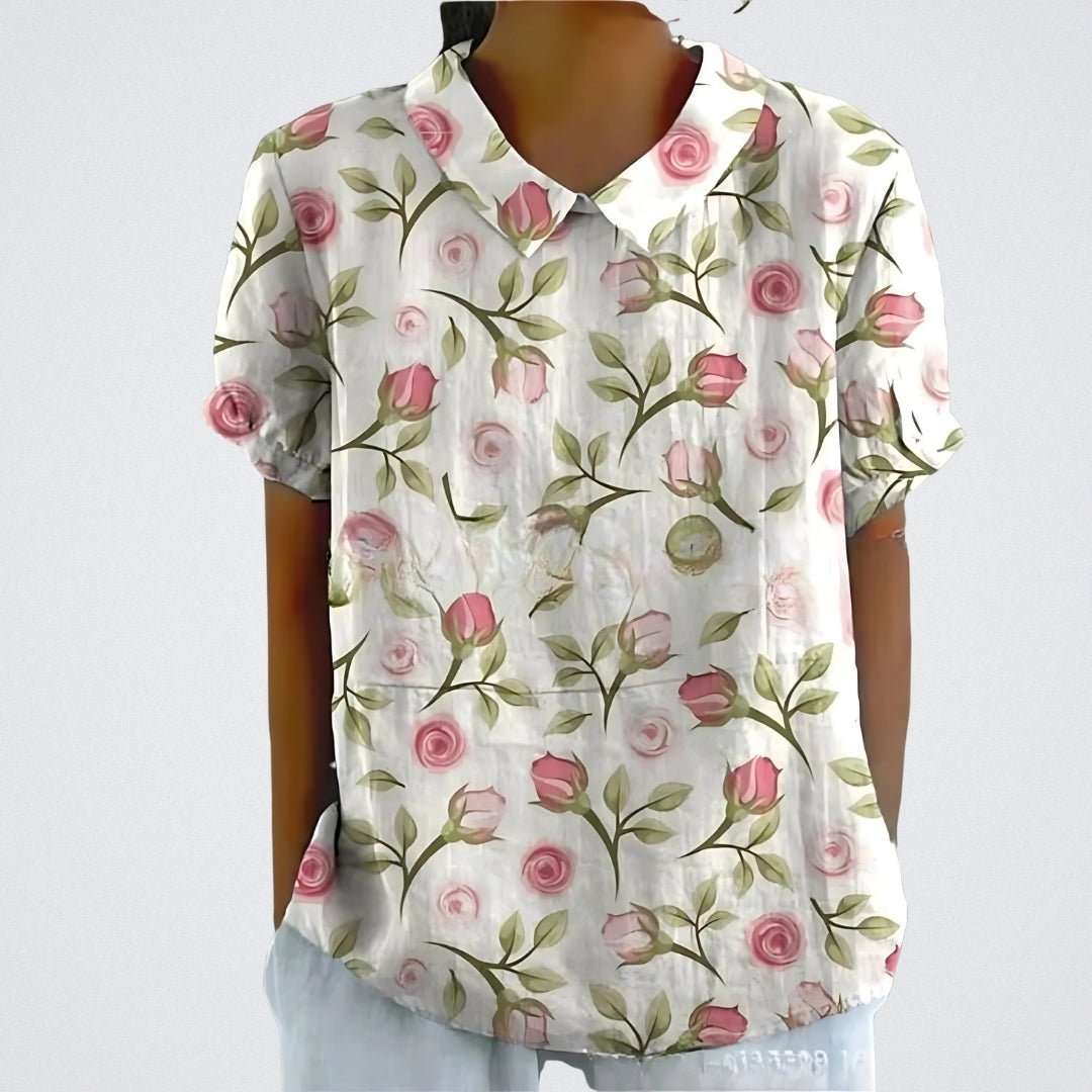 Flora | Bloemen Blouse Dames | Korte Mouwen | Luchtige Ademend Stof | Vrouwelijke V-Hals | Zomer Casual Top
