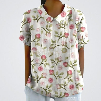 Flora | Bloemen Blouse Dames | Korte Mouwen | Luchtige Ademend Stof | Vrouwelijke V-Hals | Zomer Casual Top