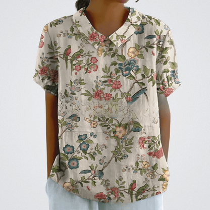Flora | Bloemen Blouse Dames | Korte Mouwen | Luchtige Ademend Stof | Vrouwelijke V-Hals | Zomer Casual Top