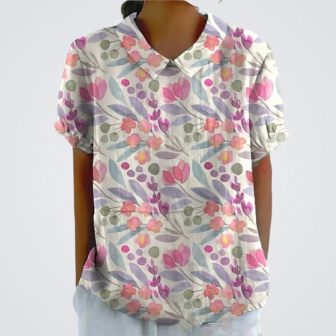 Flora | Bloemen Blouse Dames | Korte Mouwen | Luchtige Ademend Stof | Vrouwelijke V-Hals | Zomer Casual Top
