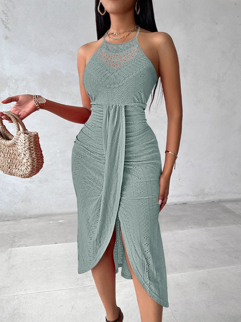 Elina | Halter Midi-Jurk Dames | Luchtige Zomerjurk | Gehaakte Details | Gedrapeerde Overslagrok met Split | Elegant & Vrouwelijk
